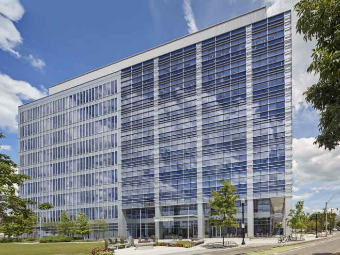 Innovative life sciences lab building with glass and metal façade that has earned LEED Accreditation