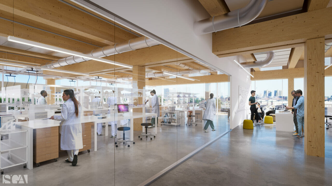 Rendering of a mass timber life sciences space showing the value of science-on-display in modern laboratory settings